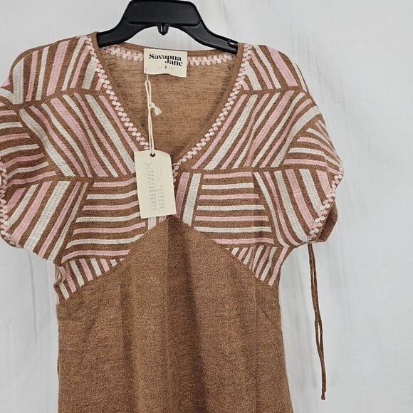 Savanna Jane Tan Embroidered Babydoll Knit Relaxed Fit Women's Size Small Nwt - Picture 5 of 9